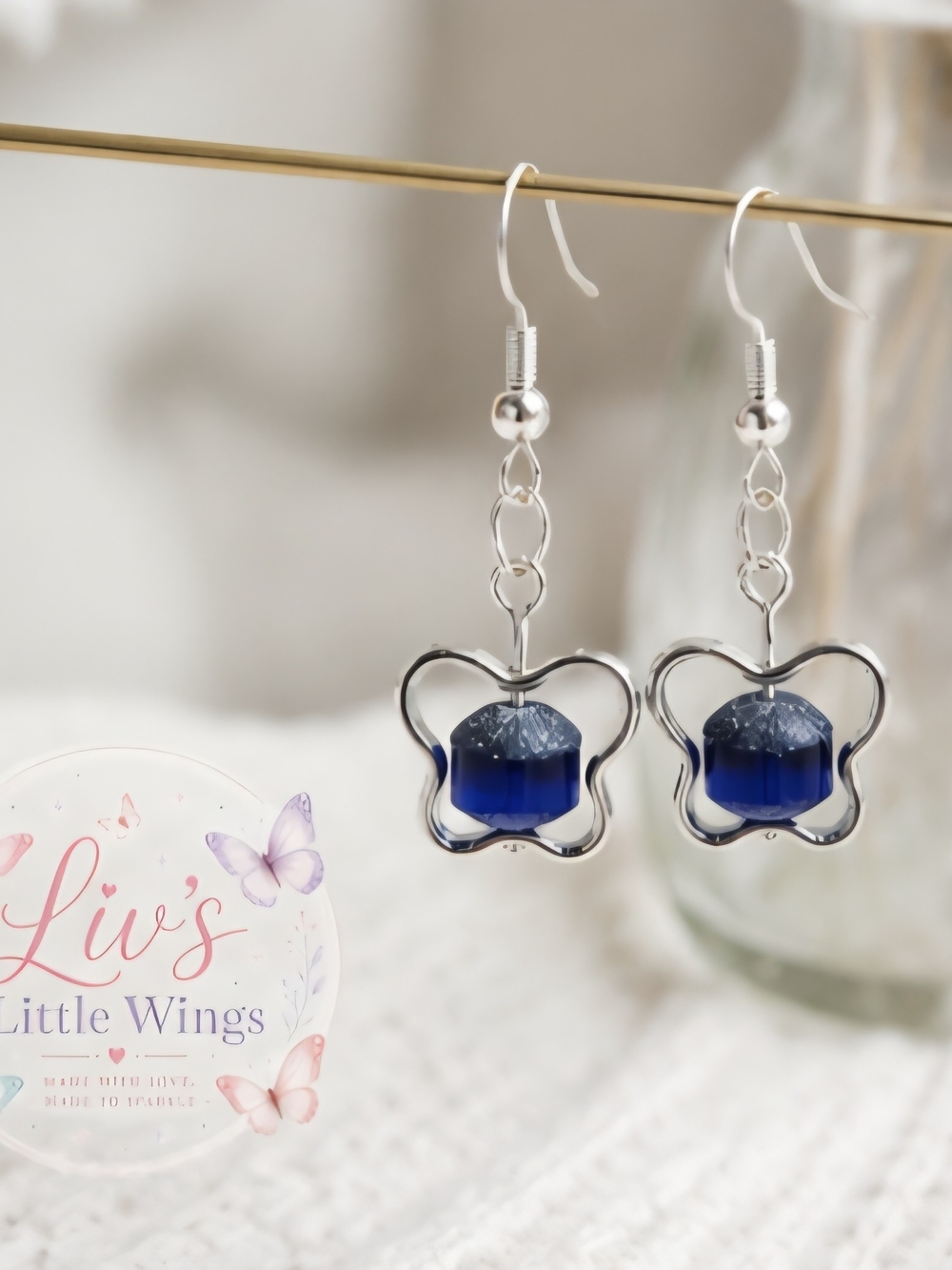 Blue Crystal Butterfly Dangle Earrings